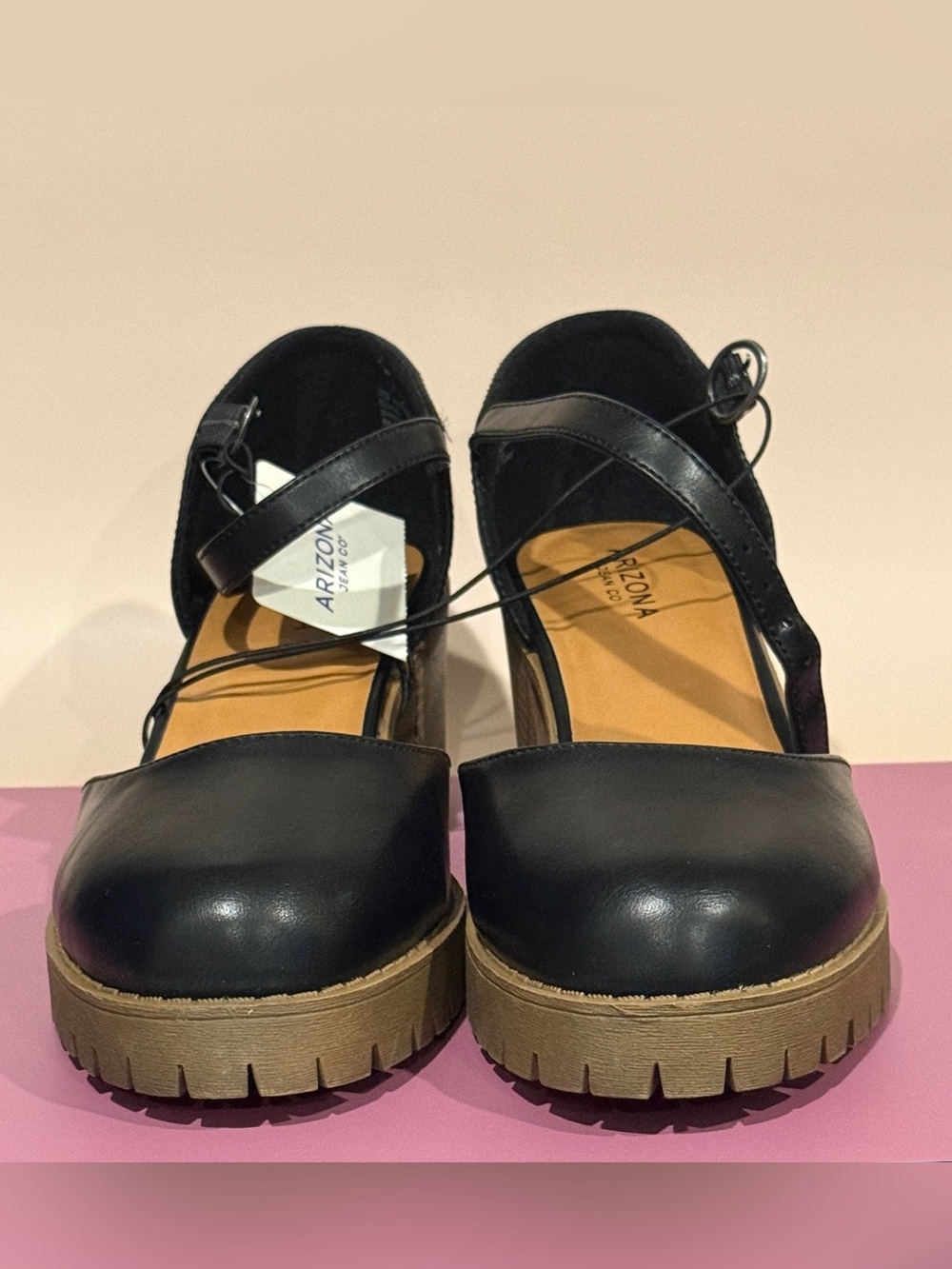Arizona Jean Company Black Platform Ankle-Strap Shoes with Tan Lug Sole